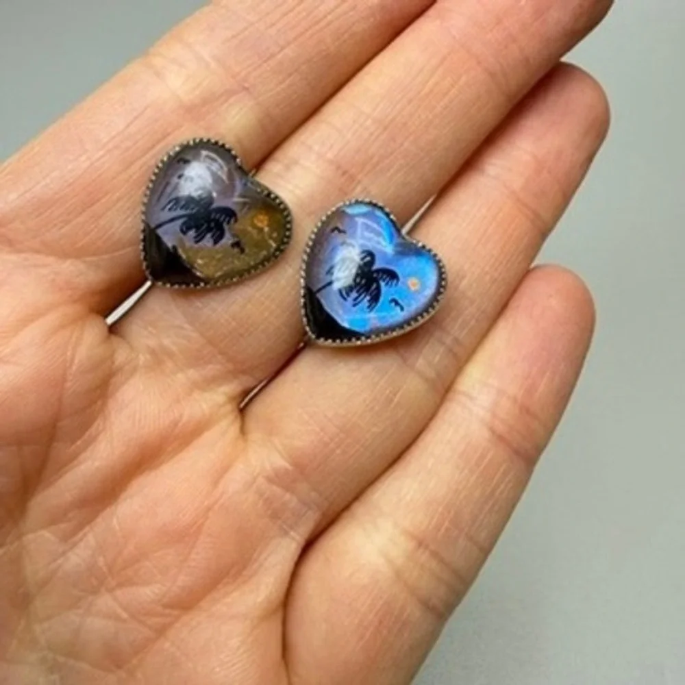 Vintage Sterling Silver Morpho Butterfly Wing Heart Screw Back Earring Palm Tree